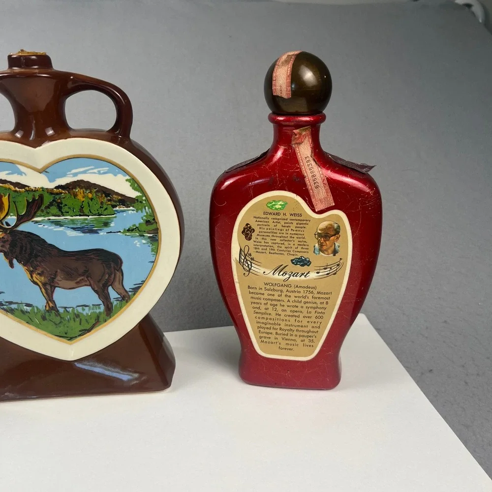 VTG Jim Beam Decanter Lot 3 Ceramic Moose Antique Trader Mozart Barware Kitsch